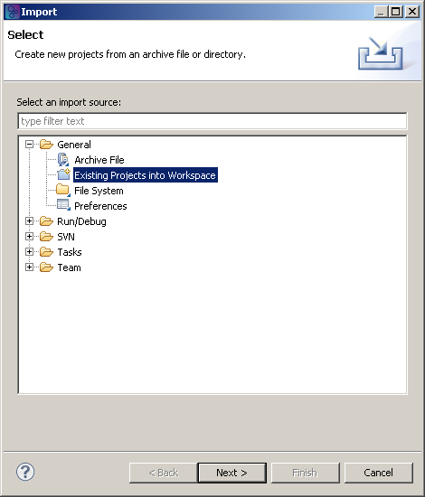 Choose "General"/"Existing Projects into Workspace" from the Import dialog